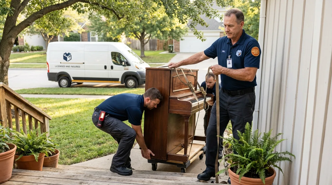 Licensed piano movers securing grand piano in Twin Lakes, WI