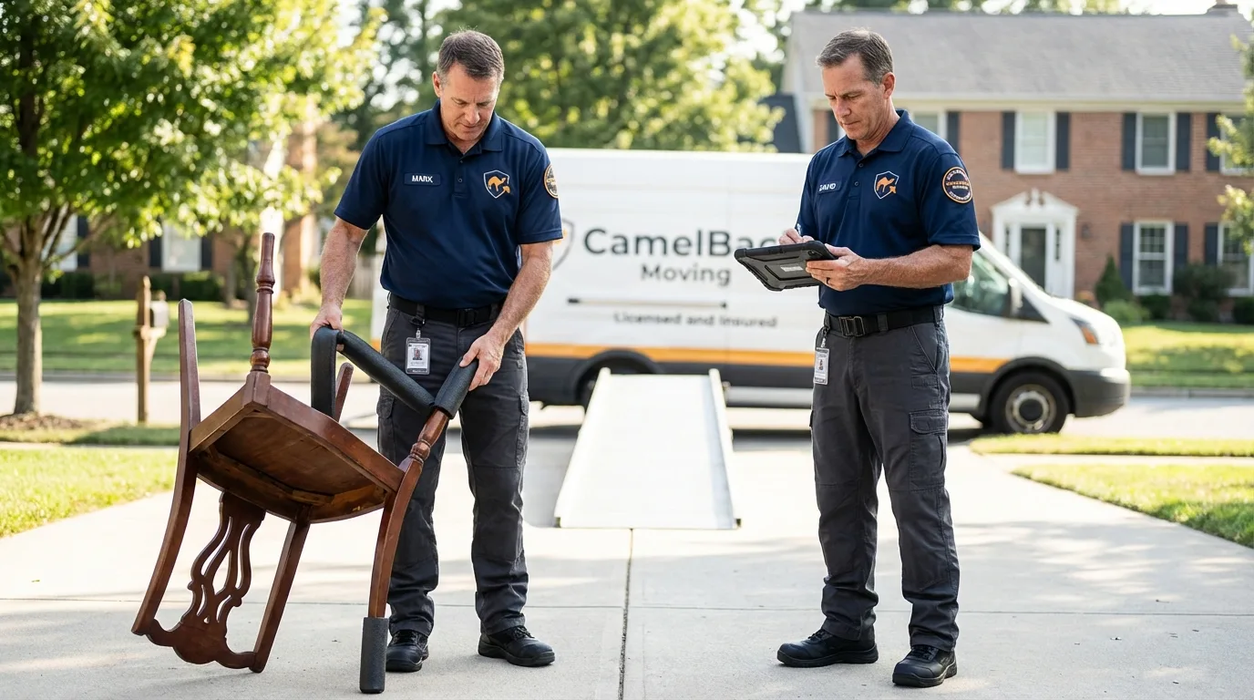 Movers inspecting furniture for damage prevention before loading in Twin Lakes, WI
