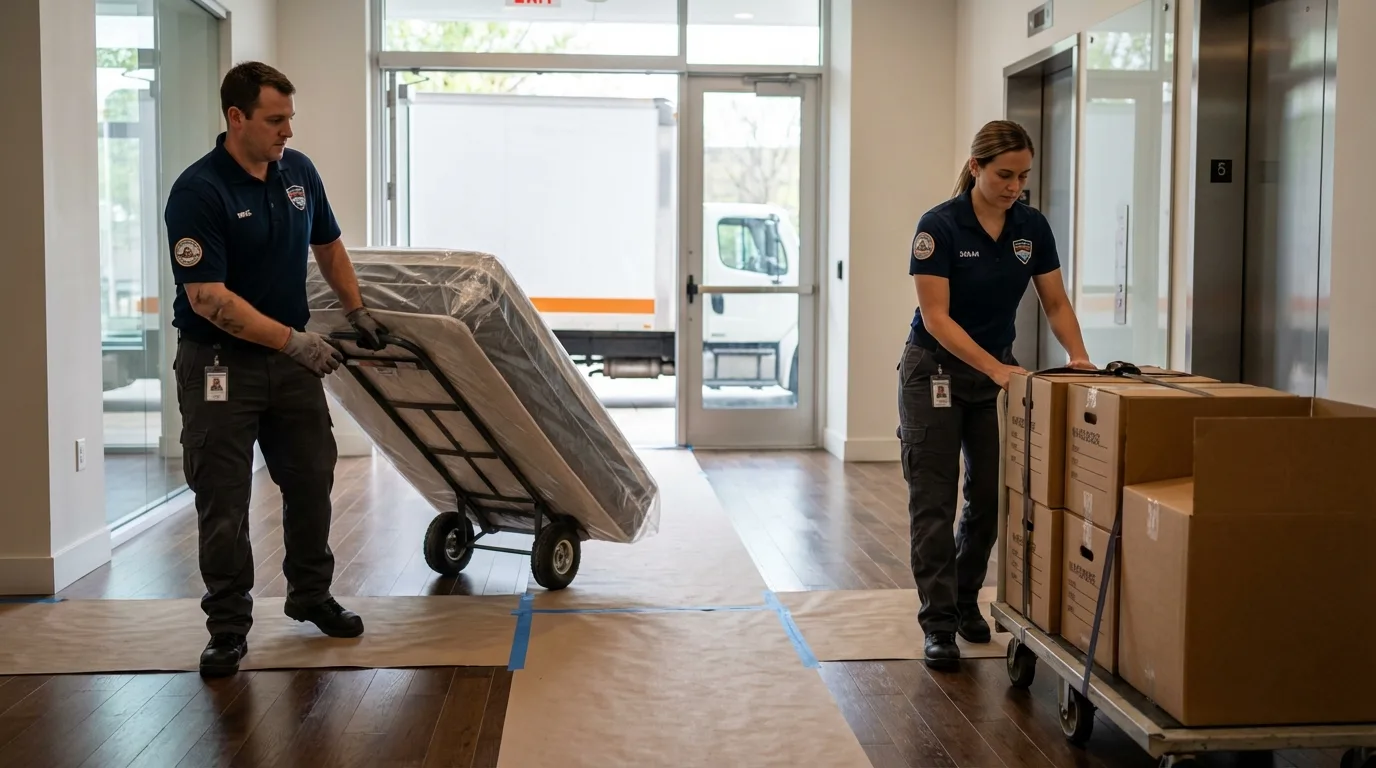 Professional apartment movers loading elevator in Twin Lakes, WI