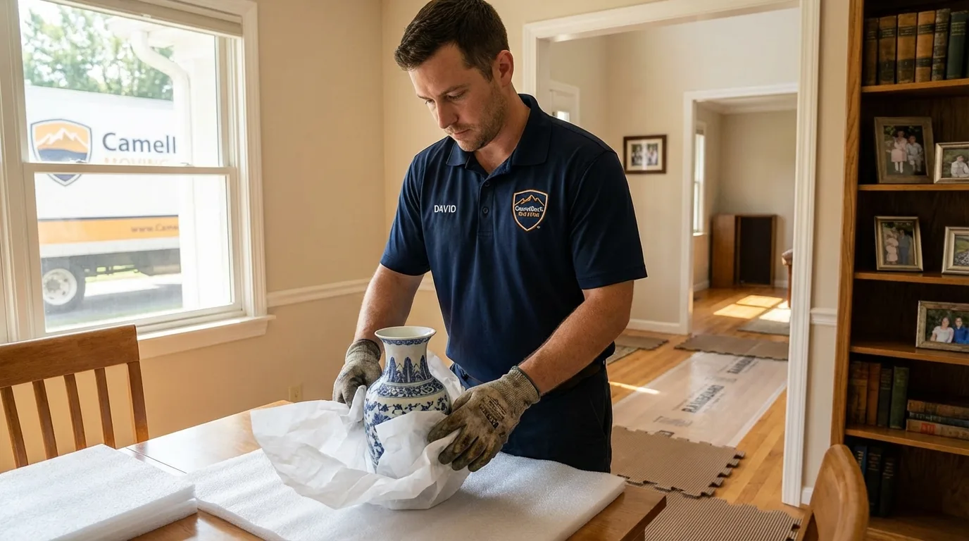 Professional crew carefully wrapping antique vase for senior downsizing move in Twin Lakes, WI